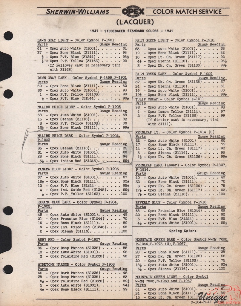 1941 Studebaker Paint Charts Williams 3